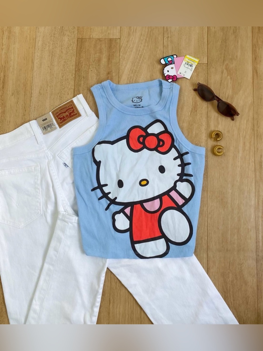 Hello Kitty|Light Blue Ribbed Tank Top w Red Bow,slightly cropped•NWT-Medium